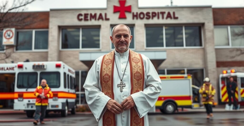 Ksiądz katolicki w tradycyjnych szatach przed szpitalem katolickim, refleksja nad tragedią szkolną i potrzebą nawrócenia