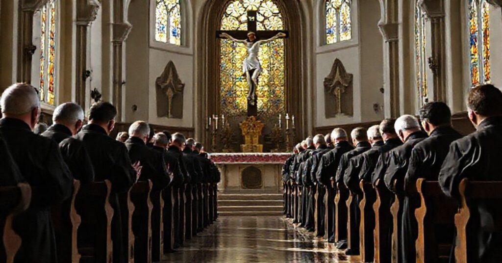 Grupa tradycyjnych katolickich księża modli się przed ołtarzem w kościele z rzeźbą Chrystusa ukrzyżowanego na tle.