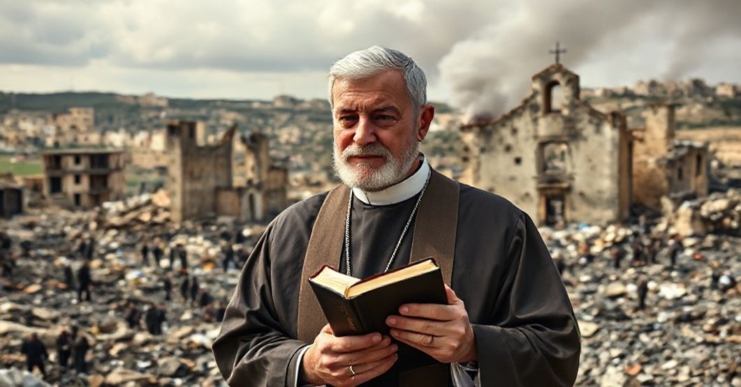 Księż w tradycyjnych szatach kapłańskich stoi przed ruinami kościoła na Ziemi Świętej, wyrażając smutek i troskę. W tle zniszczenia i cierpienie cywilów symbolizują konflikt i brakujące rozwiązania chrześcijańskie.