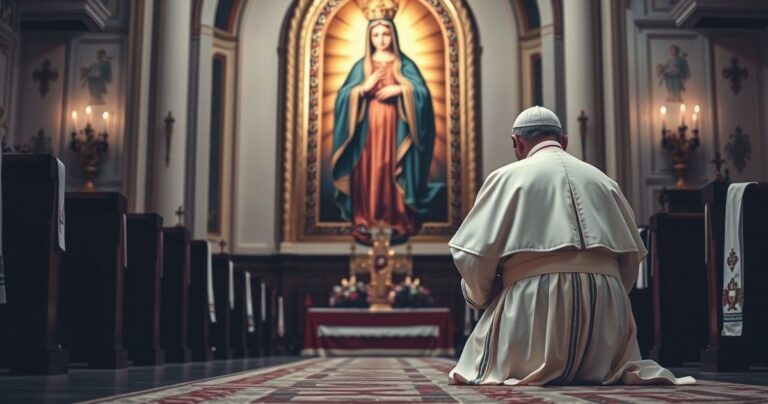 Ksiądz klęczący przed obrazem Matki Bożej Gietrzwałdzkiej w kościele, symbolizujący lojalność wobec katolickiej tradycji i sprzeciw wobec zdrady duchowej