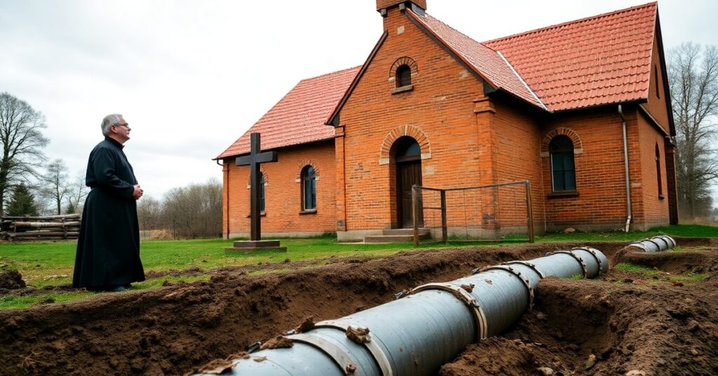 Ksiądz katolicki w czarnej sutannie modli się w kościelnym ogrodzie przy starym drewnianym krzyżu. W tle widoczna jest wiejska świątynia z cegły i rura gazowa tkwiącą w błocie.