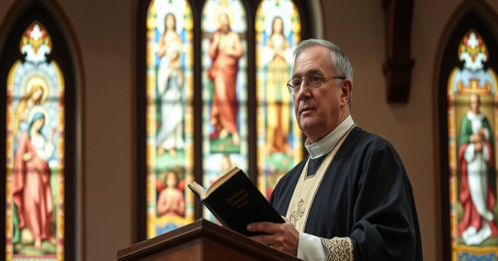 Ksiądz w stroju liturgicznym stojący w ambonie kościoła z Biblią, z poważną miną, przygotowujący kazanie na temat ważności ochrony życia.