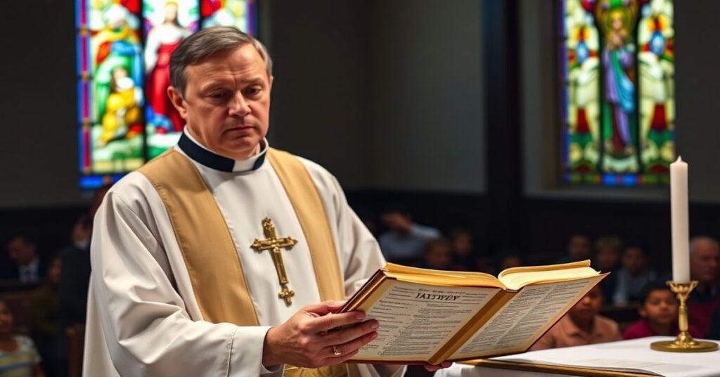 Tradycyjny ksiądz katolicki czyta Ewangelie w kaplicy z grupą migrantów