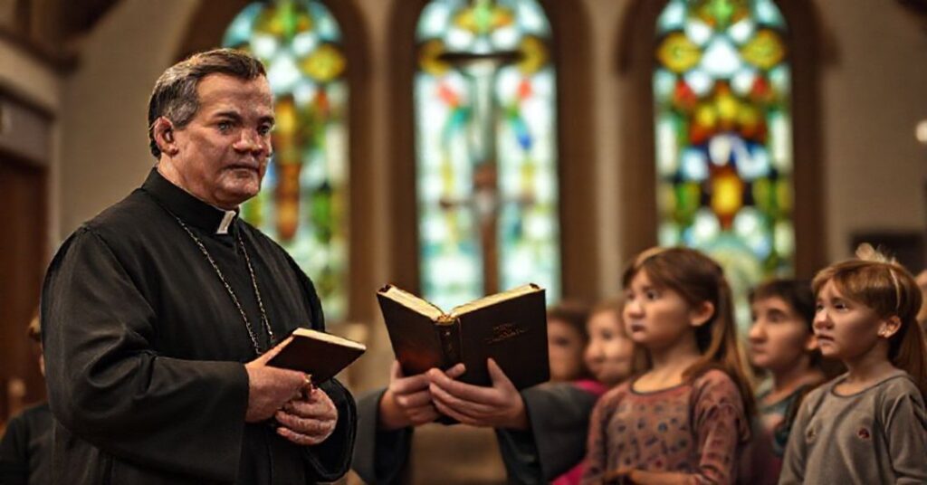 Księż katolicki w ciemnym sutannie trzymający Biblię, stojący obronnie przed grupą zaniepokojonych dzieci w wieku 10-15 lat. Tło tlo przedstawia klinikę NHS symbolizującć nienaturalne leczenie w kontekście chrześcijańskiego punktu widzenia.