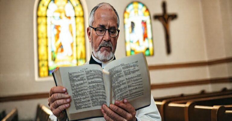 Tradycyjny ksiłę katolicki w kaplicy z Biblią otwartą na 1 Kor 15, medytujący nad zmartwychwstaniem ciała.
