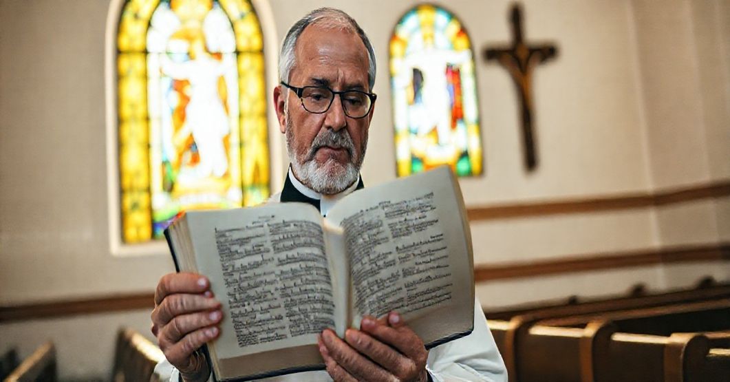 Tradycyjny ksiłę katolicki w kaplicy z Biblią otwartą na 1 Kor 15, medytujący nad zmartwychwstaniem ciała.