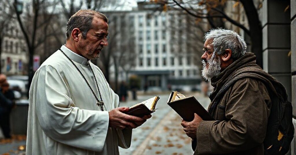 Księż katolicki w sutannie pomaga bezdomnemu na polskim mieście z widokiem budynku Caritas w tle