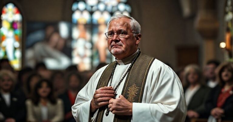 Ksiądz w tradycyjnej szacie liturgicznej modli się przed obrazem Chrystusa przed tłem przedstawiającym selekcję embrionów i aborcję