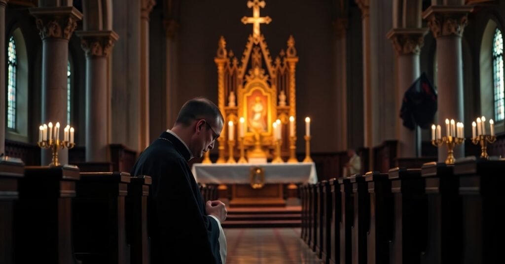 Kapłan podczas modlitwy przed Najświętszym Sakramentem w tradycyjnym kościele katolickim