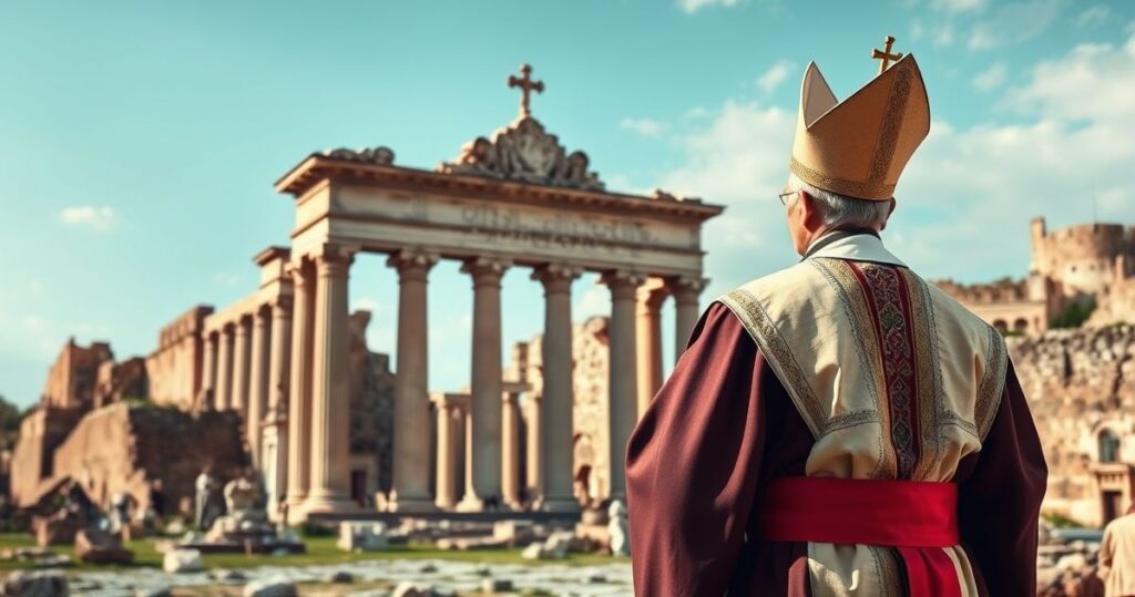 Ksiądz w liturgicznych szatach przed starożytnymi ruinami, symbolizujący krytykę nowoczesnej ekologa heretyckiej rewolucji w Kościele katolickim