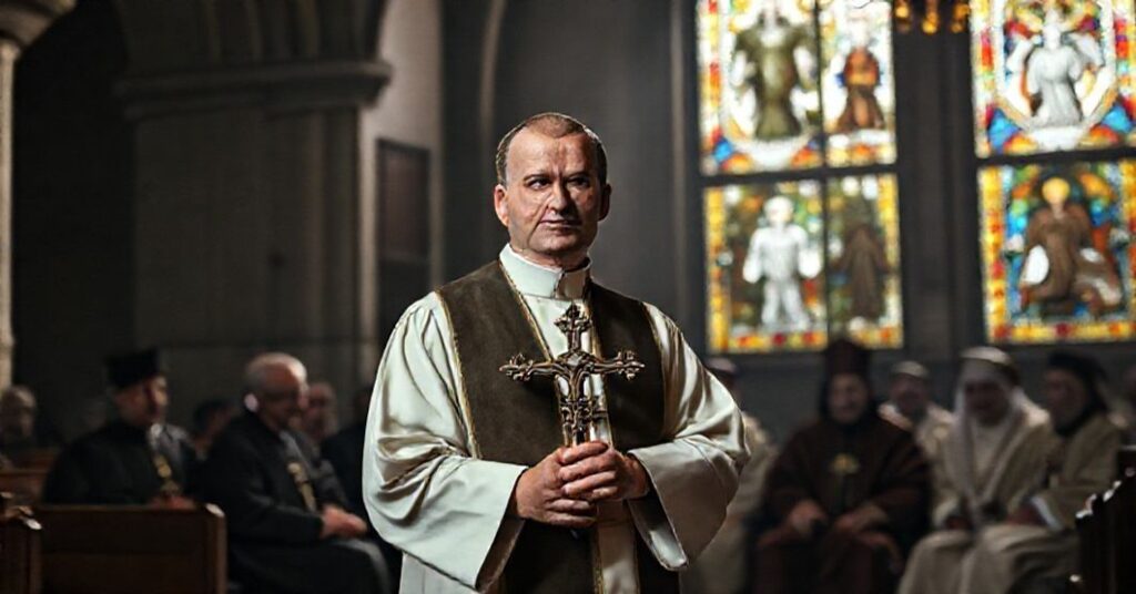 Ksiądz w tradycyjnym stroju liturgicznym stoi w kościele z krzyżem w ręku przed grupą prawosławnych duchownych w rozmowie