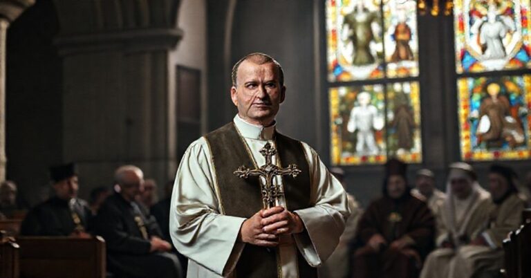 Ksiądz w tradycyjnym stroju liturgicznym stoi w kościele z krzyżem w ręku przed grupą prawosławnych duchownych w rozmowie