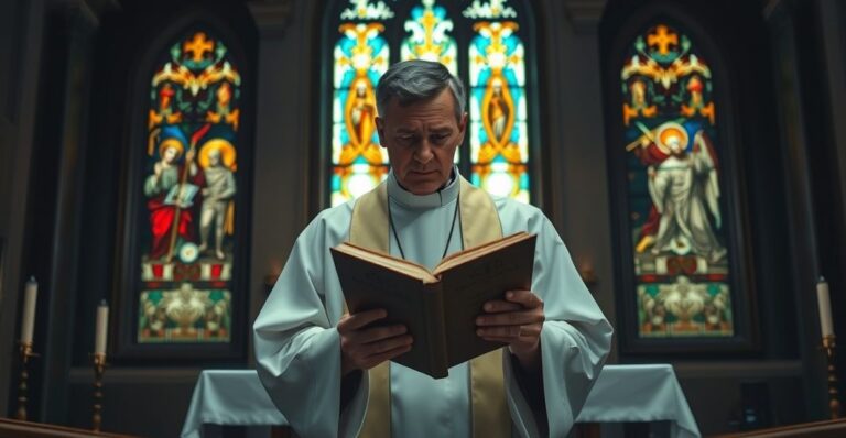 Ksiądz w sutannie przed ołtarzem, trzymający Biblię, z troską na twarzy, na tle witraży przedstawiających Sąd Ostateczny.