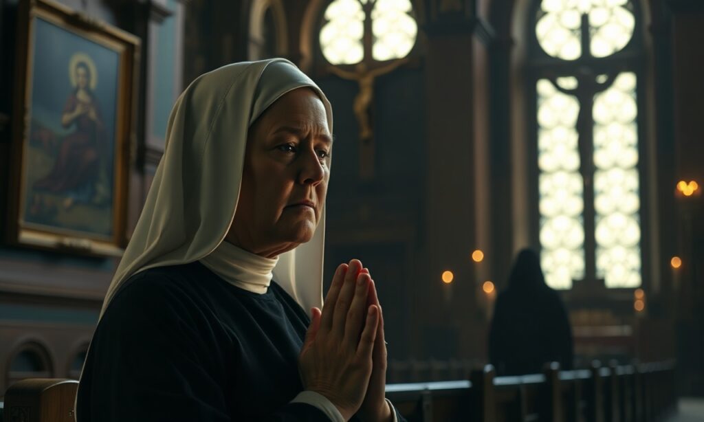 Księżna katolicka w tradycyjnym habitu modli się w ciemnej kościele otoczona sztuką religijną