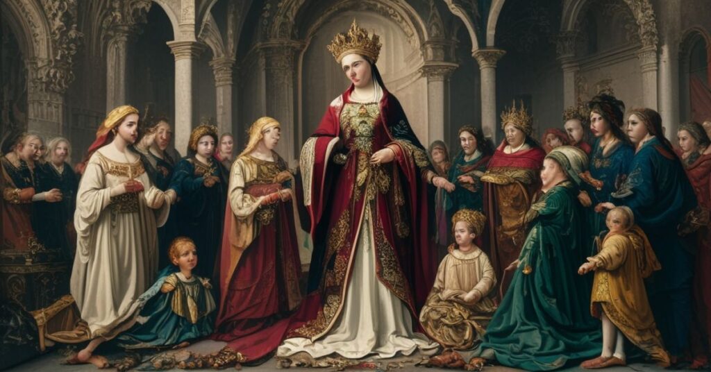 Księżna Radziwiłłowa przed ruinami kościoła w Mankiewiczach, otoczona przez modernistyczne siostry i dzieci żydowskie.