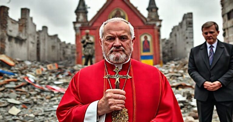 Ksiądz katolicki w tradycyjnych szatach przed zniszczonym kościołem na Ukrainie