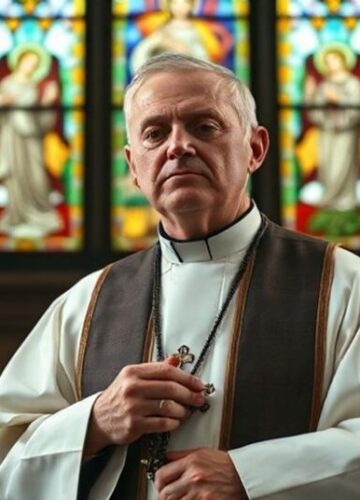 Modlitwa księgo za chronienie życia - Tradycyjne katolickie perspektywy Tradycyjny katolicki ksiądz w stroju liturgicznym modli się przed ołtarzem z obrazami Anioła Gabriela i Matki Boskiej, symbolizując walkę z aborcją.