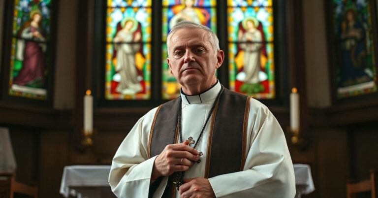 Tradycyjny katolicki ksiądz w stroju liturgicznym modli się przed ołtarzem z obrazami Anioła Gabriela i Matki Boskiej, symbolizując walkę z aborcją.