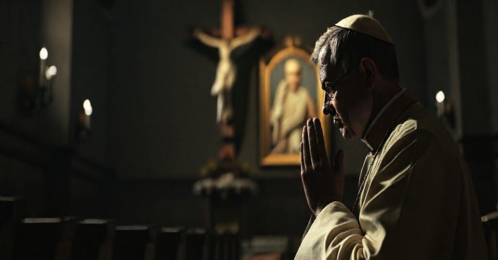 Ksiądz w tradycyjnych szatach liturgicznych modli się przed krzyżem w ciemnym wnętrzu kościoła, wyrażając głęboki żal i determinację wobec legalizacji eutanazji.