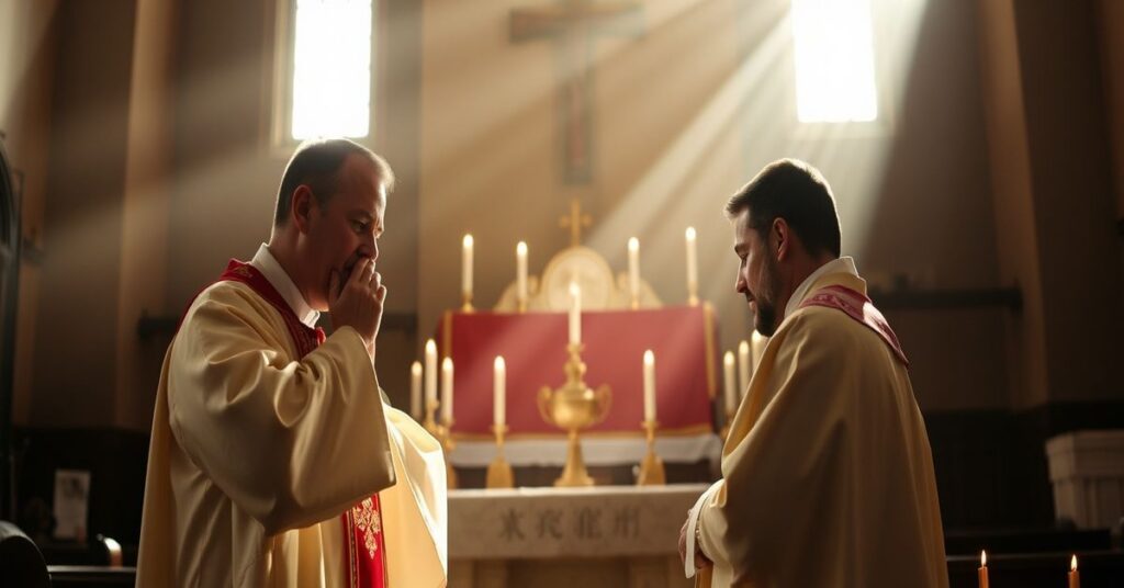 Ksiądz w tradycyjnym stroju liturgicznym udziela sakramentu pokuty pokutującemu grzesznikowi w ciemnym kościele ołtarz w tle dekorowany świeczkami i naczyniami sakralnymi