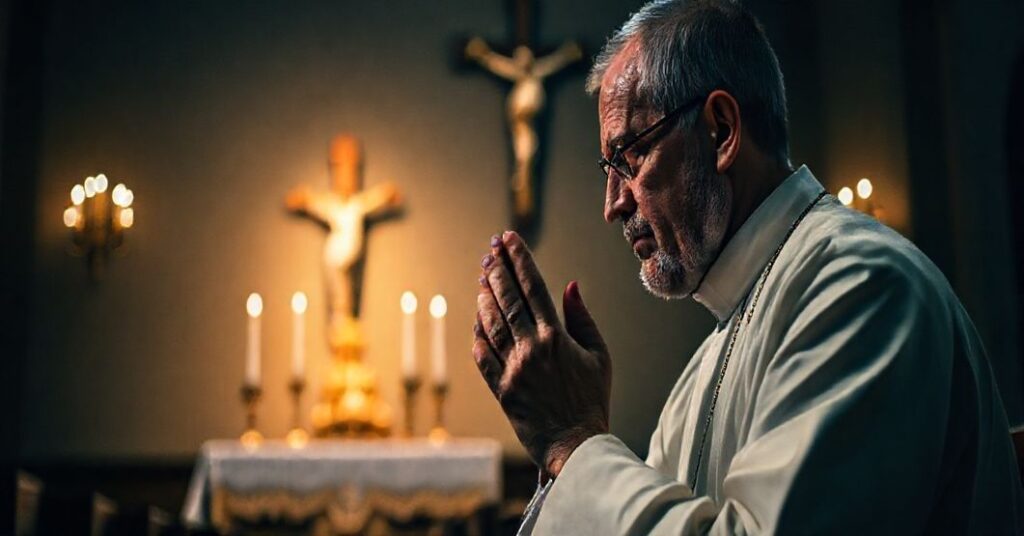 Modlitwa katolickiego księży w ciemnym kościele, przed krzyżem, symbolizująca duchową walkę i nadzieję w łasce Bożej.