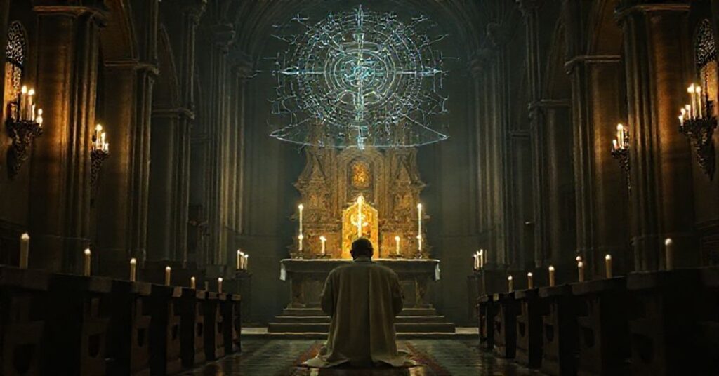 Ciemna wnętrze kościoła z tradycyjnym księdzem modlącego się przed ołtarzem w świetle świec, z przestrzennym interfejsem AI unoszącym się nad nim.