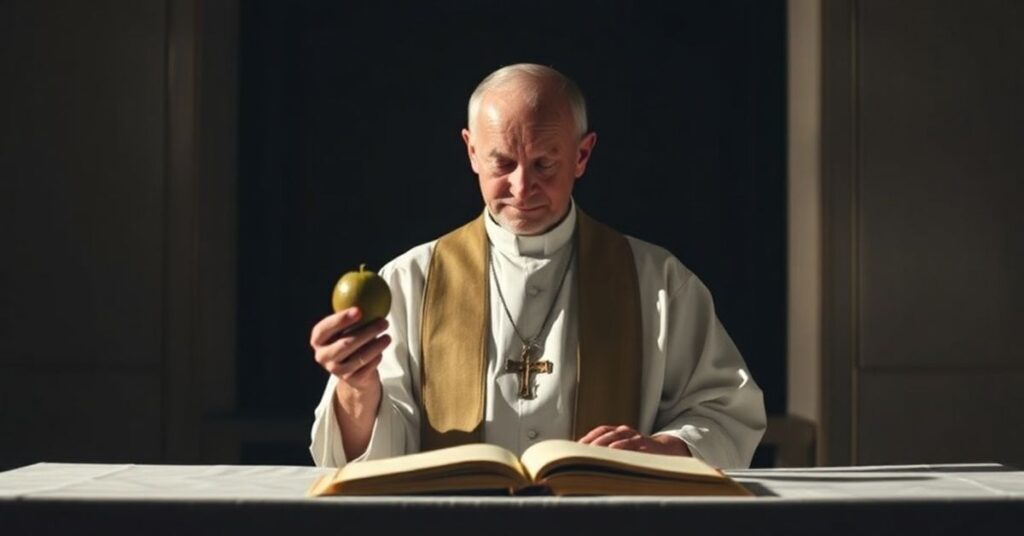 Obraz przedstawiający tradycyjnego katolickiego księdza w zakrystii z owocem kiwi w ręce i otwartym brewiarzem na ołtarzu.