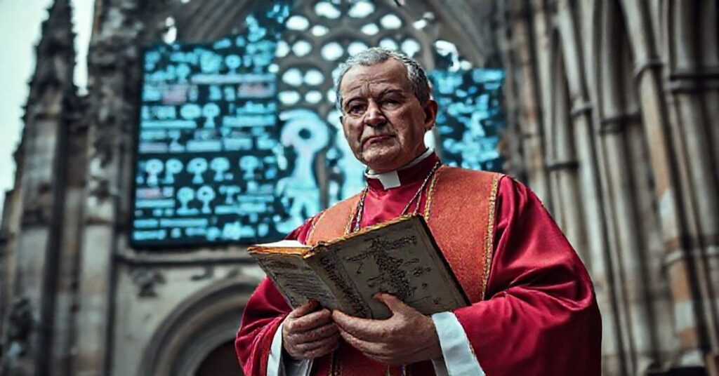 Księż katolicki w tradycyjnych szatach zakonne w starym koście z Biblią.