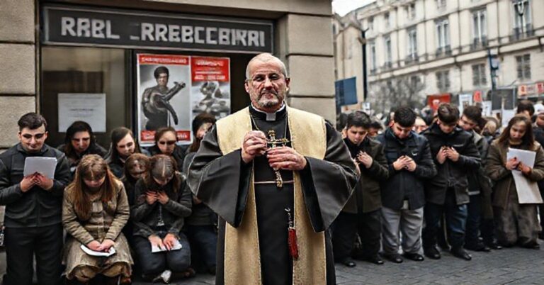 Księż katolicki z krzyżem protestuje przeciwko poborowi wojskowemu przed biurem werbunkowym w Niemczech, z młodymi katolikami modlącymi się w tle.