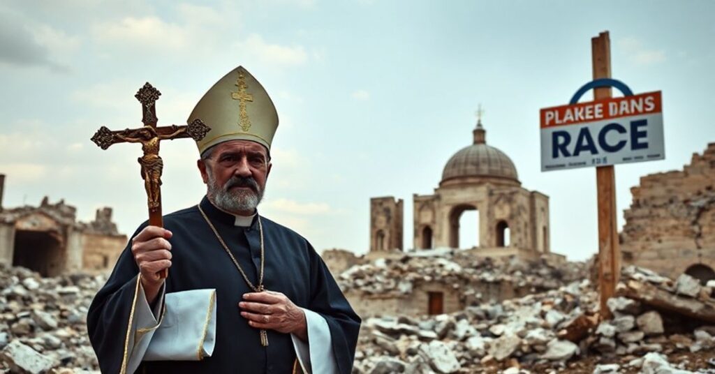 Książ katolicki trzymający krzyż w ruinach Ziemi Świętej, symbolizujący braku Chrystusa Krola w dziśniejsiych działaniach pokojowych.