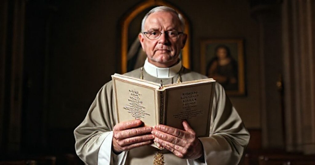 Tradycyjnie ubrany książ katolicki w ciemnej kościołe trzyma zamknięty egzemplarz Kodeksu Prawa Kanonicznego z 1917 roku. W tle widoczny jest słabo widoczny portret św. Teresy z Lisieux. Scena jest ciepła i poważna.