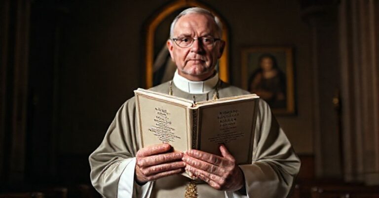 Tradycyjnie ubrany książ katolicki w ciemnej kościołe trzyma zamknięty egzemplarz Kodeksu Prawa Kanonicznego z 1917 roku. W tle widoczny jest słabo widoczny portret św. Teresy z Lisieux. Scena jest ciepła i poważna.