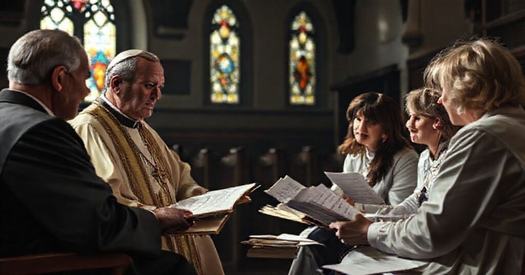 Katolicki książ prowadzący poważny rozmowę z doradcami życia rodzinnego w ciemnym zakrystii kościoła.
