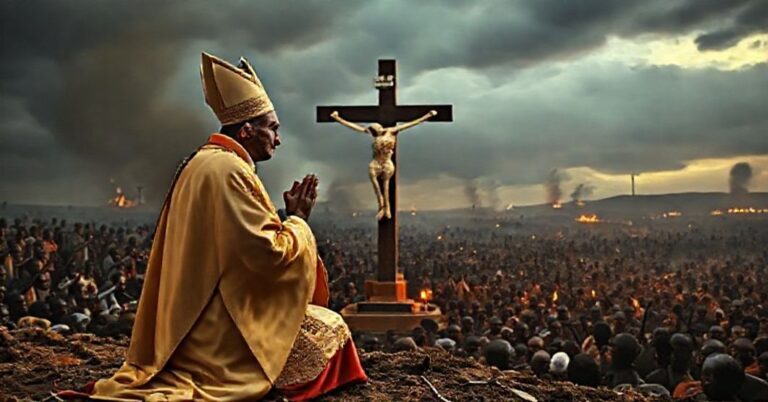 Tradycyjny książ katolicki w liturgicznych szatach modlący się przed krzyżem podczas wojny w Mjanmie.