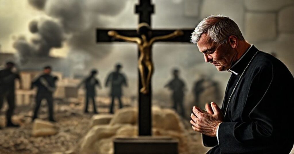 Kneeling Catholic priest in traditional black cassock praying before a crucifix with blurred images of conflict in the Holy Land in the background.