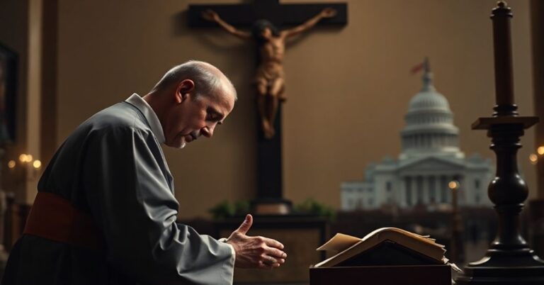 Tradycyjny katolicki księż w modlitwie przed krucyfiksem z delikatnie widocznym nienarodzonym dzieckiem na tle