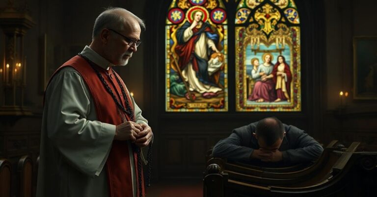 Ksiądz w ornatach w tradycyjnym kościele modli się za człowieka zmagającego się z grzechami samobójczymi.