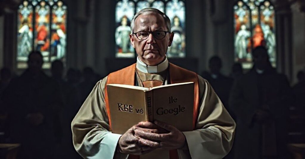 Ksiądz w tradycyjnym stroju liturgicznym trzyma książkę z napisem 'KE vs Google' w katedrze o przyciszonej świetle.