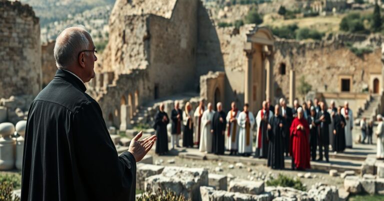 Obraz przedstawiający tradycyjnego katolickiego księży w ruinach Nikai, obserwującego apostatów podczas ekumenicznej ceremonii