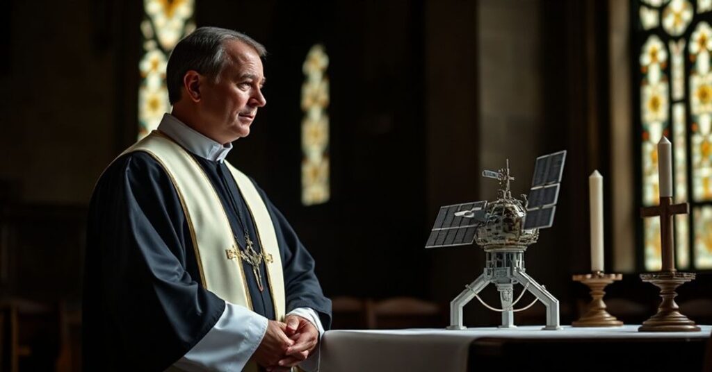 Książ w tradycyjnych szatach liturgicznych patrzy z troskłłem na model satelity na ołtarzu kościoła