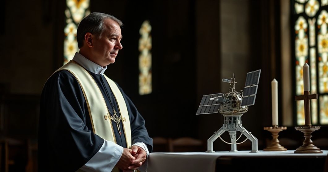 Książ w tradycyjnych szatach liturgicznych patrzy z troskłłem na model satelity na ołtarzu kościoła