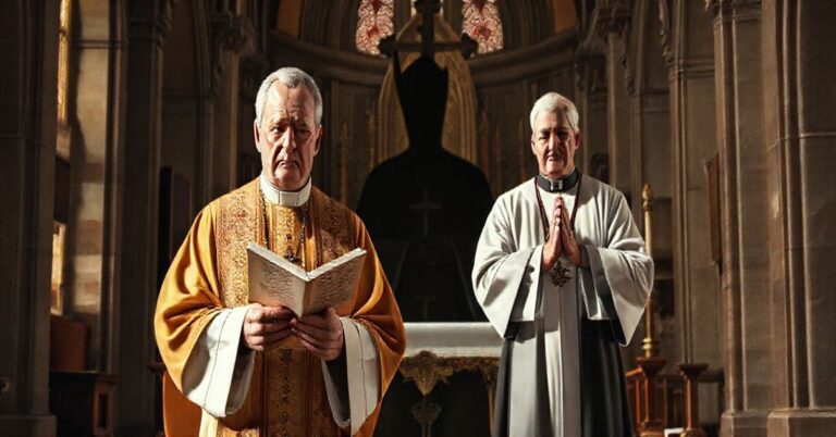 Tradycyjny książ w ornacie stoi przed ołtarzem kościła, trzymając Syllabus Errorum, z poważnym wyraźniem twarzy, na tle Bergoglia i anglikańskiego biskupa w nieformalnym ubiorze.