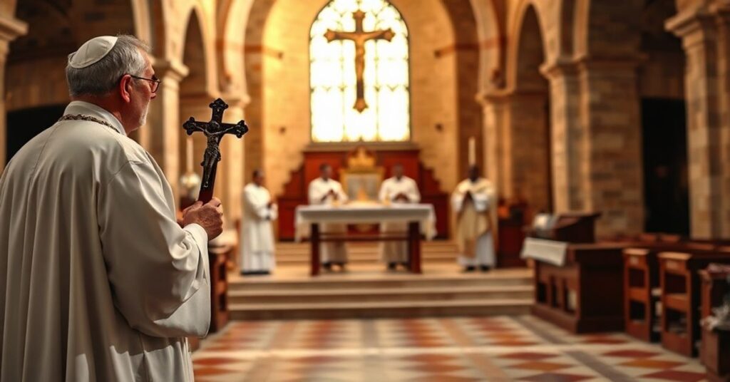 Księż w tradycyjnym habitacie stojący przed starym ołtarzem kościołowym, trzymając krzyż w tle widoczna nowoczesna kaplica z afrykańskimi księżmi celebrującymi Mszą trydencką