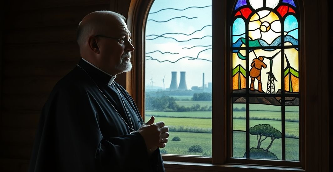 Kształt tradycyjnego księżą w drewnianym koście, trzymającego różanie, patrzącego przez witraż przedstawiający Stworzenie. W tle widoczne są cienie przemysłowych kominłów i turbin wiatrowych, symbolizujący technokratyczny ekologizm.