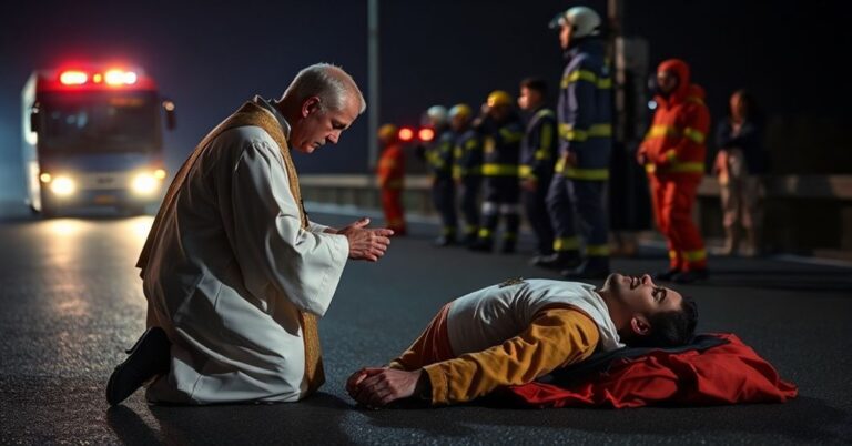 Katolicki książ administrujący ostatnie namaszczenie ofierze wypadu na autostradzie A5 w Austrii.