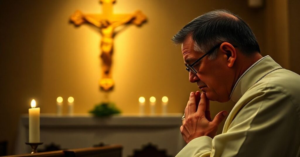 Kneeling priest in prayer before a crucifix in a traditional Catholic chapel