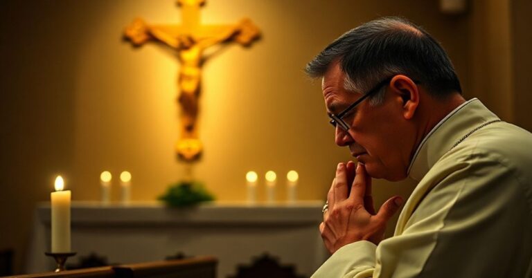 Kneeling priest in prayer before a crucifix in a traditional Catholic chapel
