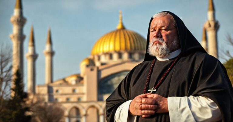Katolicki książ w tradycyjnym stroju w modlitwie przed Hagia Sophia, przemienioną w meczet, symbolizując utratę chrześcijańskiego dziedzictwa.