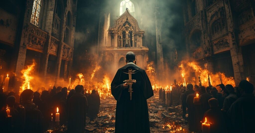 Ksiądz stojący przed spopieloną świątynią w Saint-Omer, trzymając zniszczony krzyż. W tle widoczne są protestujący z antychrześcijańskimi transparentami.