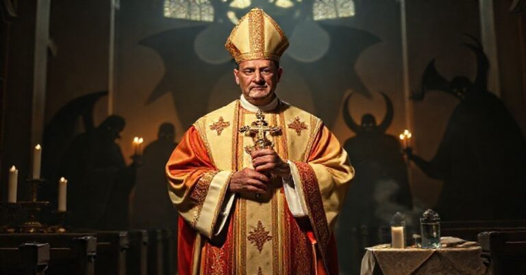 Ksiądz w tradycyjnym ornaty stoi w ciemnej kościele trzymając krzyż, z cieni demonów w tle. Widok symbolizuje walkę katolicką przeciwko okultyzmowi.